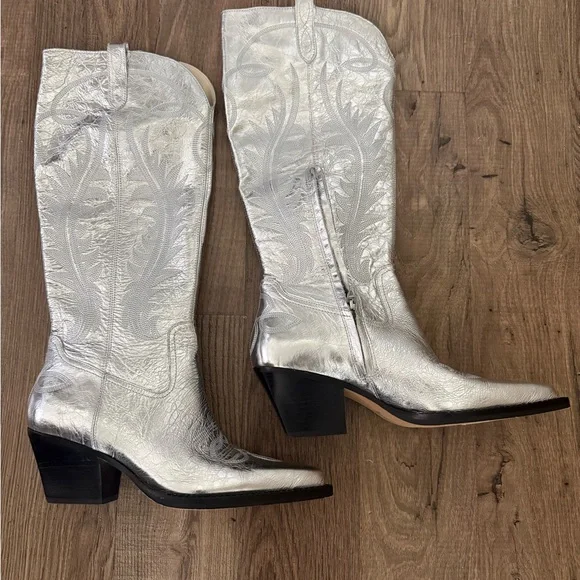 Dolce Vita Ryland Metallic Silver Western Cowgirl Heeled Boots A - Picture 3 of 6